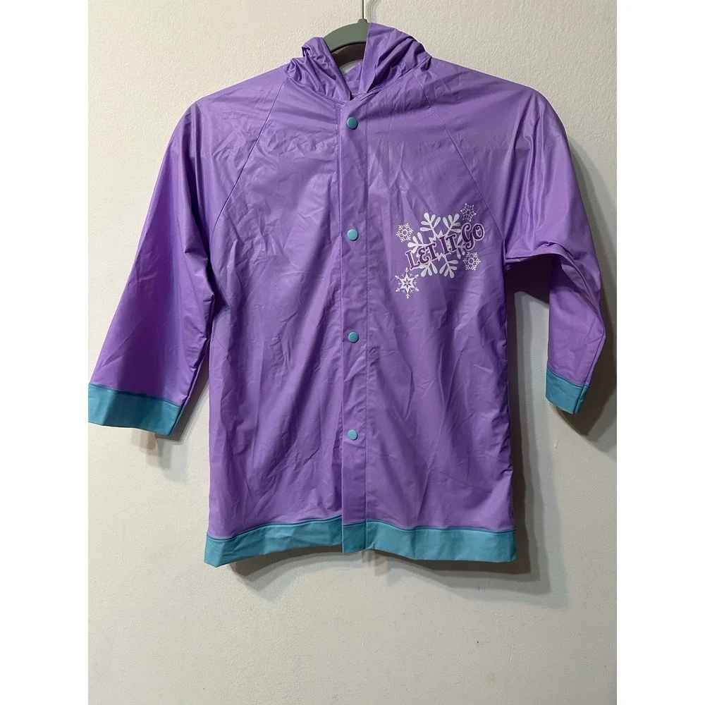 Disney Frozen Elsa Girls Purple Vinyl Raincoat Hooded Rain Slicker Jacket Size M